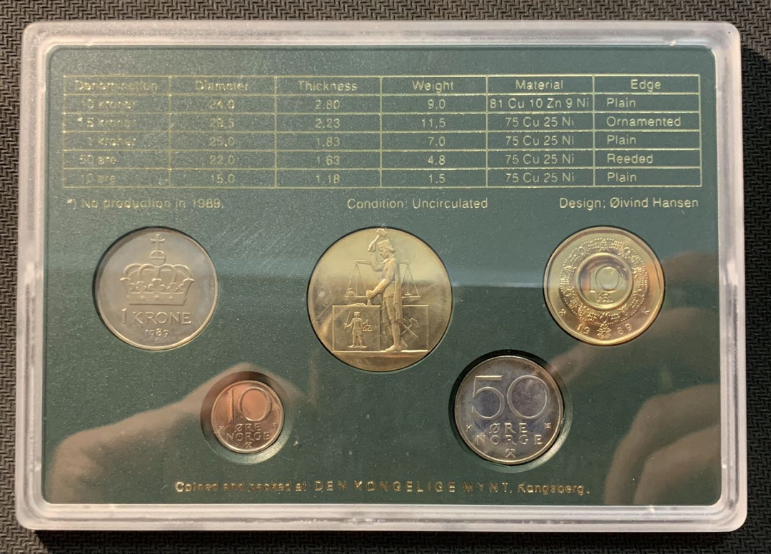 紫瑗钱币—微拍第12期  挪威 1989年 10欧尔—10克朗 5枚套 带纪念章5克朗 原厂盒