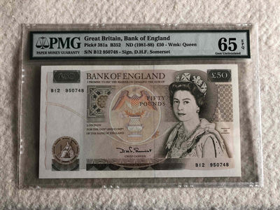 【收藏联盟】第114期拍卖（2019收官之作）——爪哇舞者 - 英国 1981-88年 50镑 p381a 初版无金属线 PMG65EPQ D.H.F签名