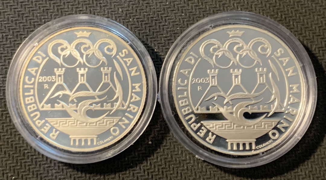 紫瑗钱币—微拍第12期  圣马力诺 2003年 奥运会 5 10欧元 共40克 0.925银 精制 原盒证书