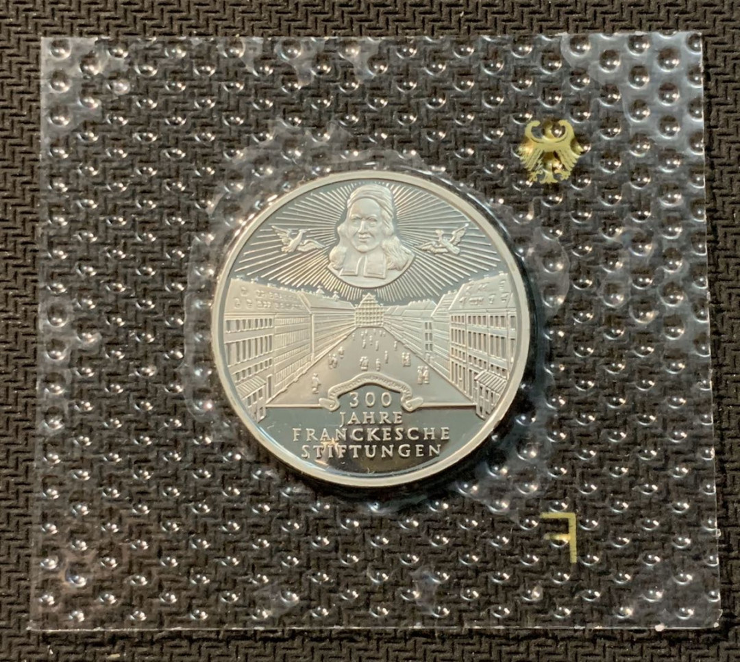 紫瑗钱币—微拍第12期  德国 1998年 F厂 弗朗克慈善会300周年 10马克 15.5克 0.925银 精制 原封卡