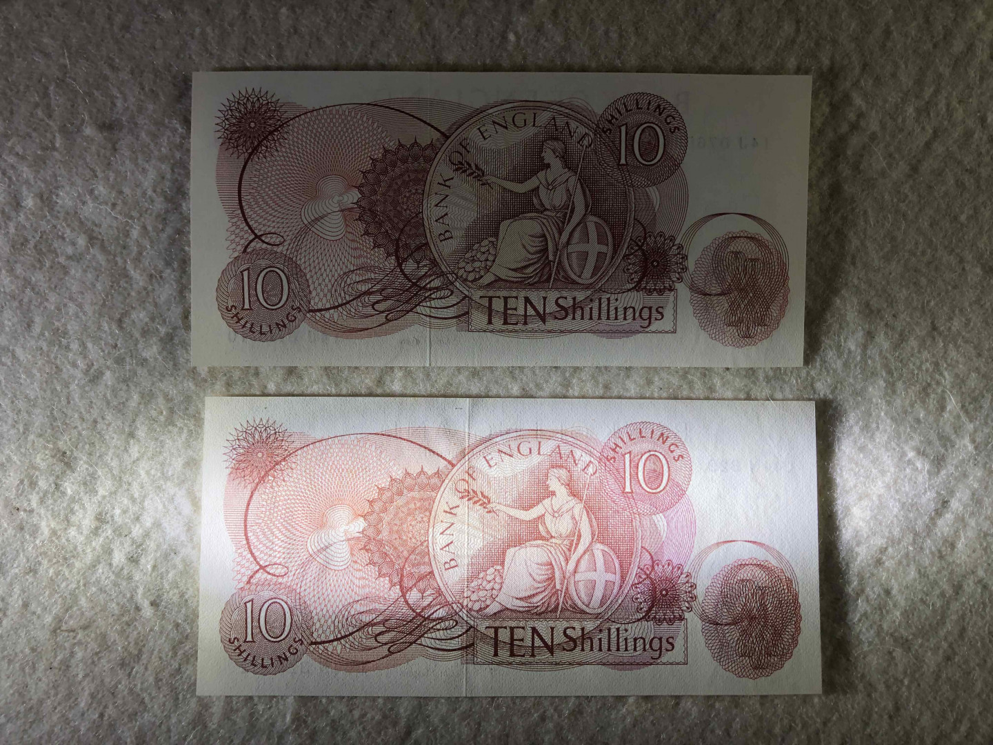 【收藏联盟】第114期拍卖（2019收官之作）——爪哇舞者 【一组6张】英国A序列10先令及1镑共4张 VF-UNC & C序列共2张 UNC 女王纸币 品相详情见图片测光图及紫光图