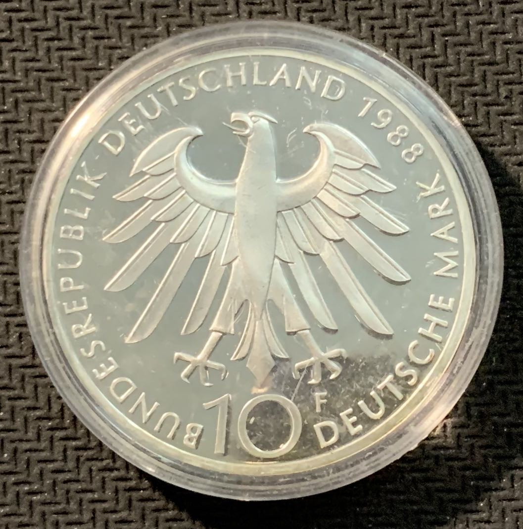 紫瑗钱币—微拍第12期  德国 1988年 F版 卡尔蔡司100周年 10马克 15.5克 0.625银 精制