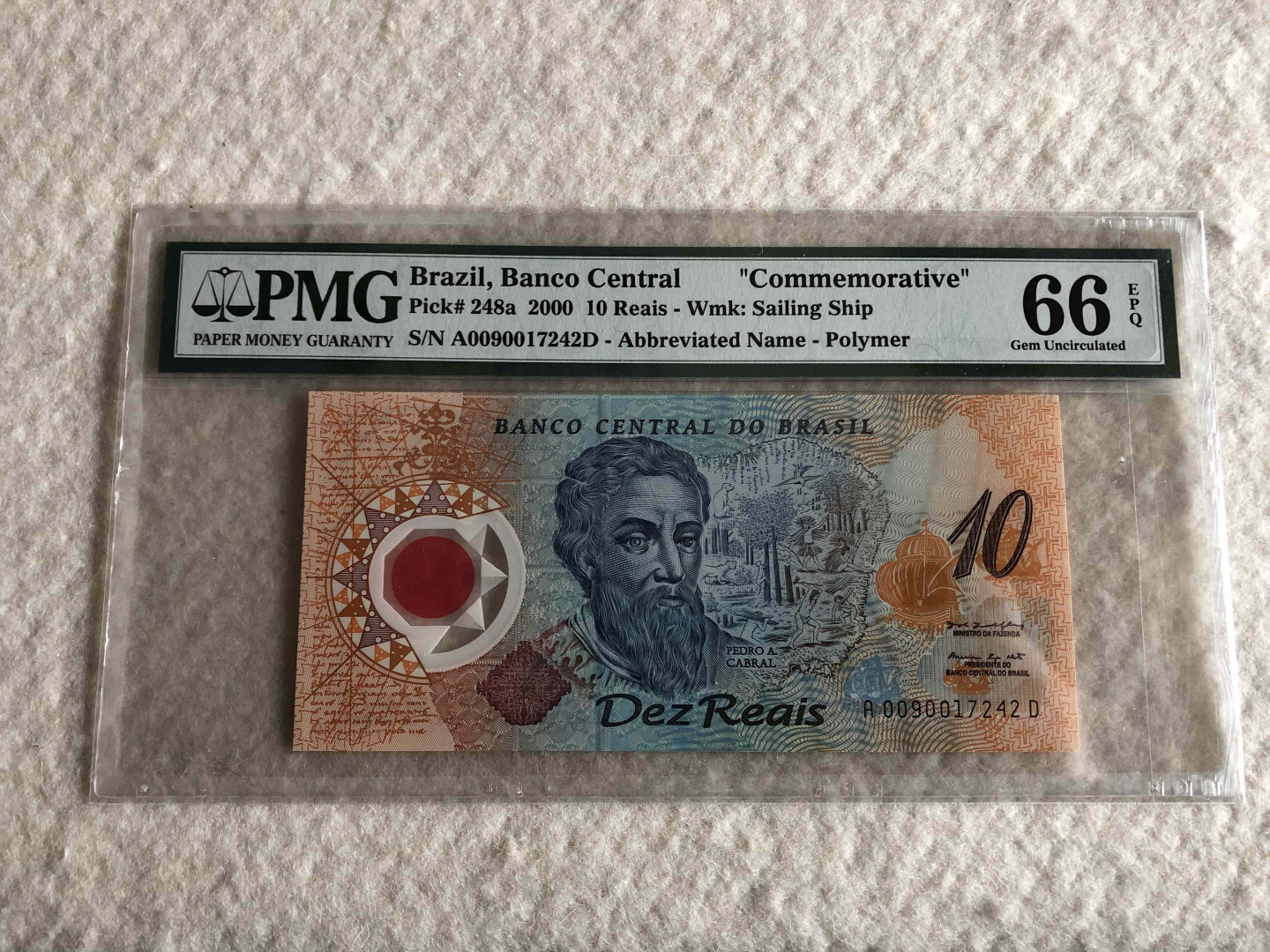【收藏联盟】第114期拍卖（2019收官之作）——爪哇舞者 巴西 2000年 10雷亚尔 发现巴西500周年塑料纪念钞 PMG66EPQ