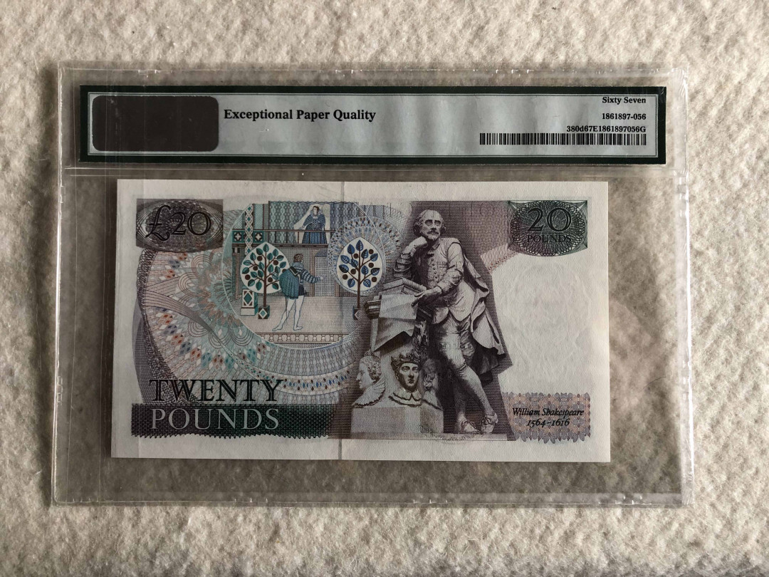 【收藏联盟】第114期拍卖（2019收官之作）——爪哇舞者 英国 D序列 1984-88年 20镑 PMG67EPQ 高分D.H.F. Somerset签名