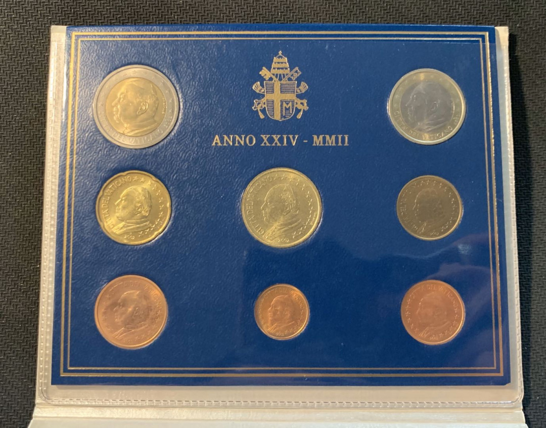 紫瑗钱币—微拍第12期  梵蒂冈 2002年 保罗二世 1分—2欧 8枚套 官方套