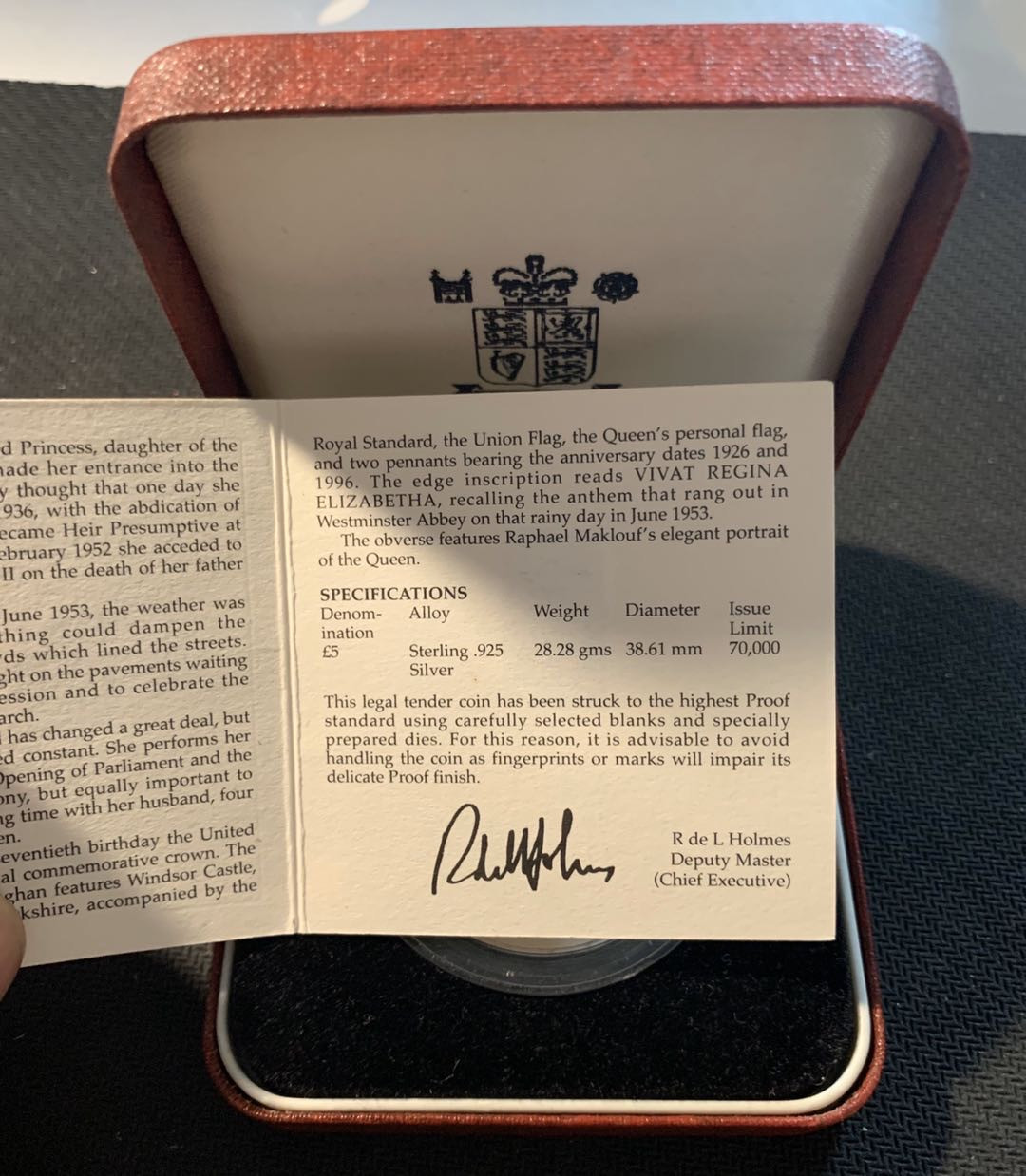 紫瑗钱币—微拍第12期  英国 1996年 英女皇70周年 5磅 28.28克 0.925银 精制 原盒证书