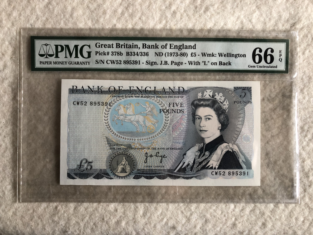 【收藏联盟】第114期拍卖（2019收官之作）——爪哇舞者 英国 D序列 1973-80年 5镑 PMG66EPQ page签名