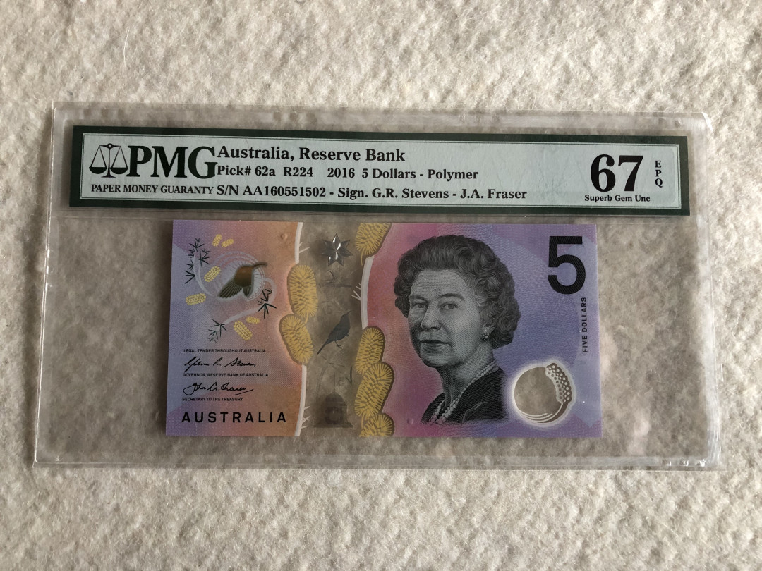 【收藏联盟】第114期拍卖（2019收官之作）——爪哇舞者 澳大利亚 2016年 5元 AA冠 PMG67EPQ 塑料钞