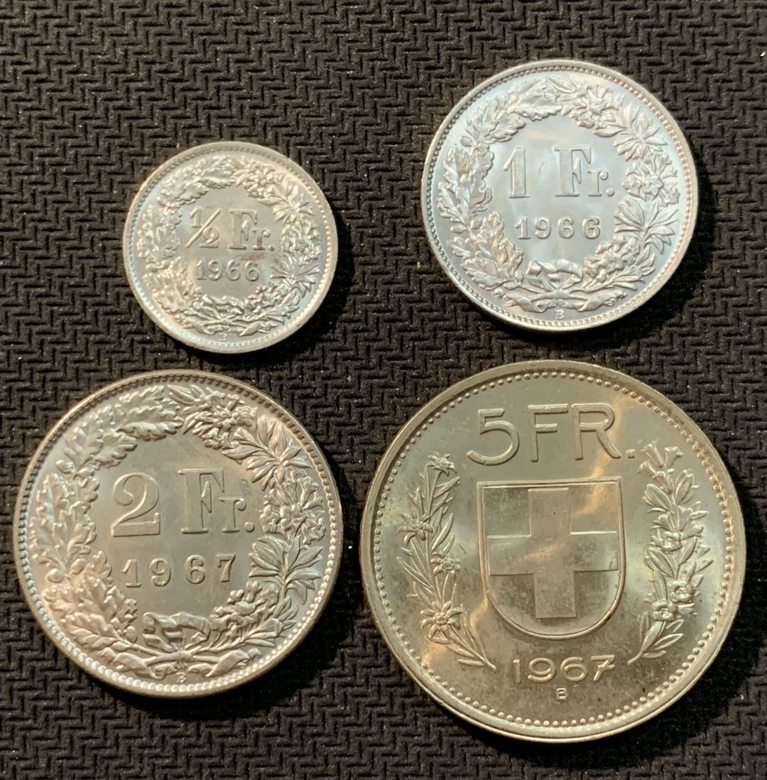 紫瑗钱币—微拍第12期  瑞士 60年代 1/2 1 2 5 法郎 银币 4枚套 共32.5克 0.835银 BU