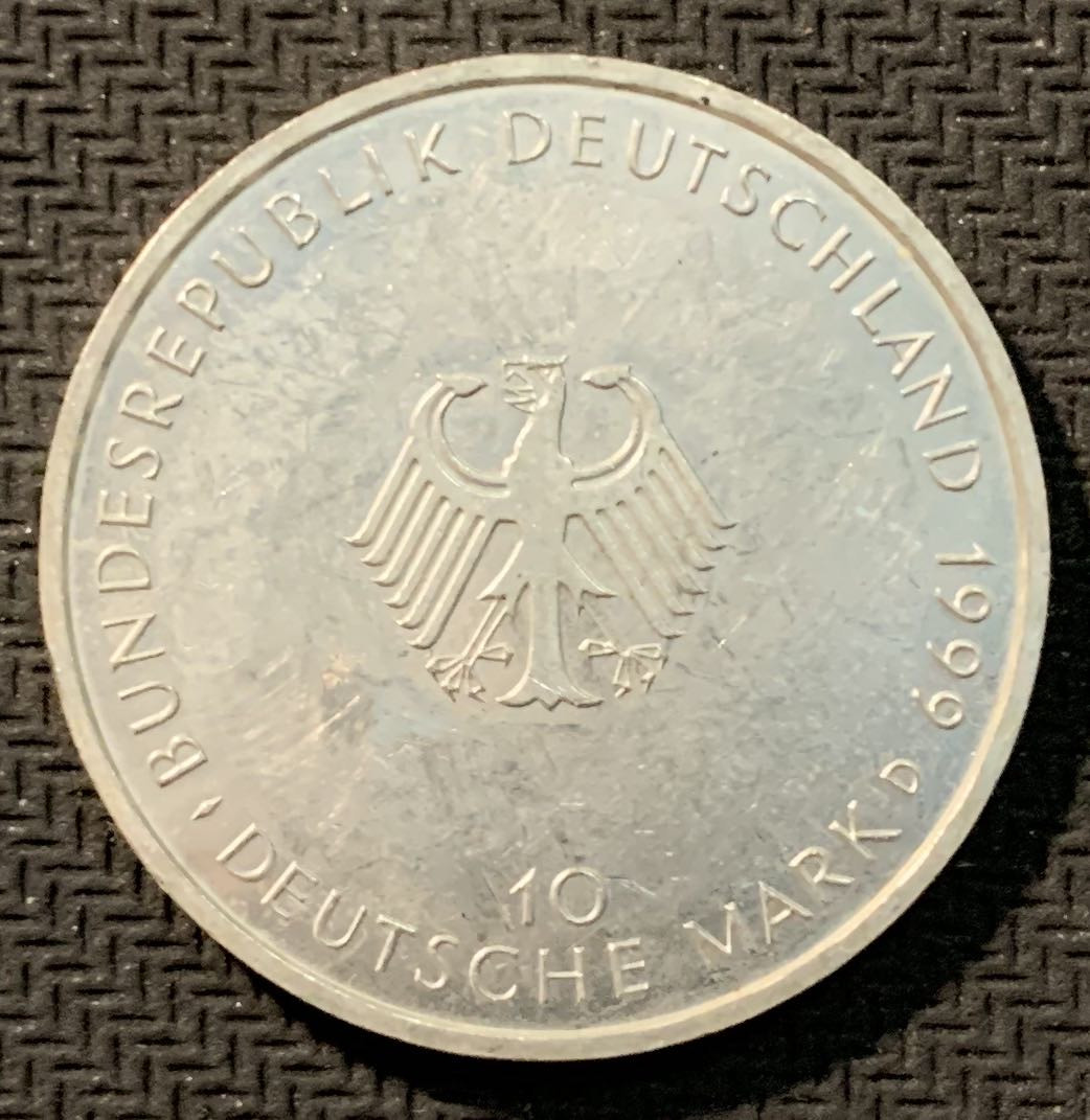 紫瑗钱币—微拍第12期  德国 1999年 D厂 宪法50周年  10马克 15.5克 0.925银