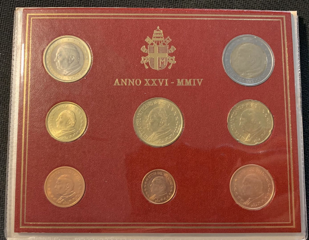 紫瑗钱币—微拍第12期  梵蒂冈 2004年 保罗二世 1分—2欧 8枚套 官方套