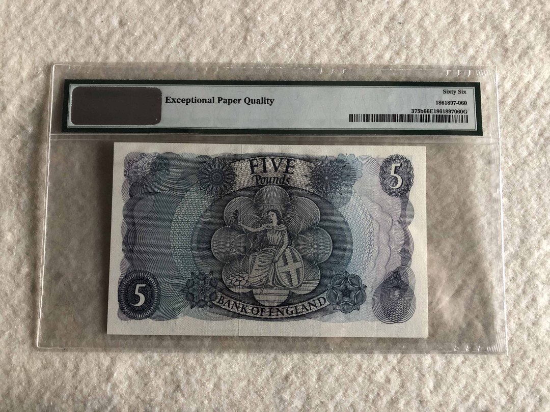 【收藏联盟】第114期拍卖（2019收官之作）——爪哇舞者 英国C序列 1966-70年 5镑 PMG66EPQ  J. S. Fforde签名 女王纸币 不列颠尼亚女神