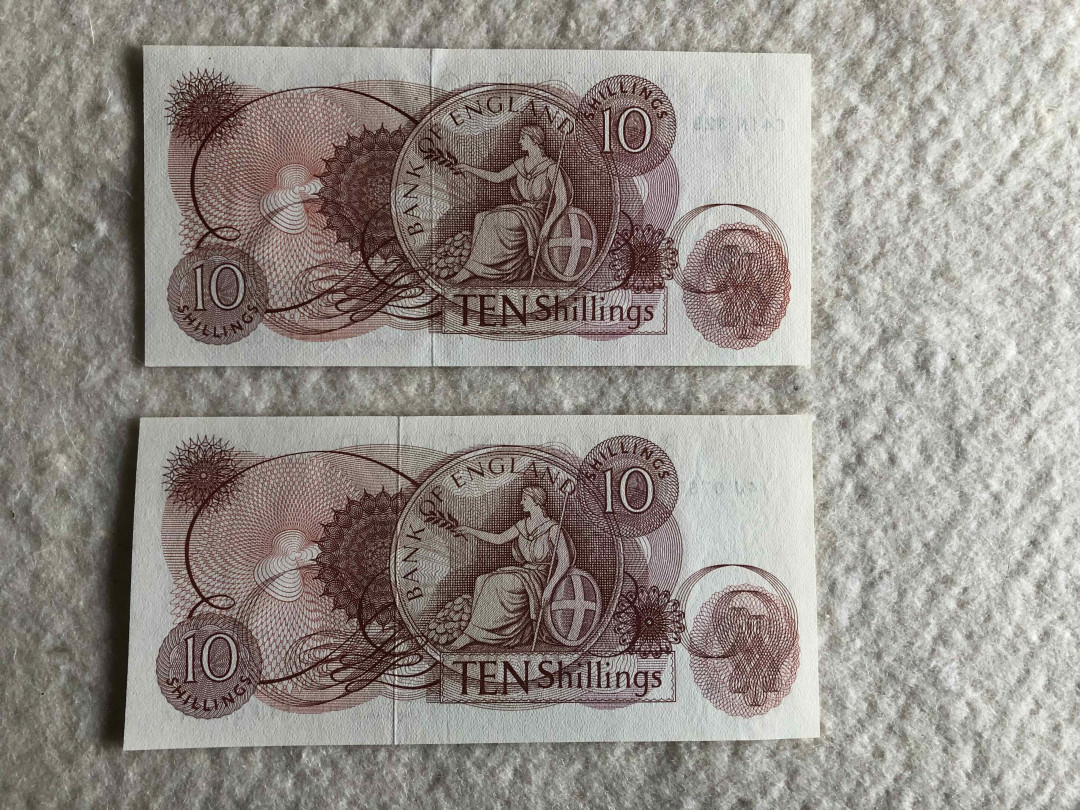 【收藏联盟】第114期拍卖（2019收官之作）——爪哇舞者 【一组6张】英国A序列10先令及1镑共4张 VF-UNC & C序列共2张 UNC 女王纸币 品相详情见图片测光图及紫光图