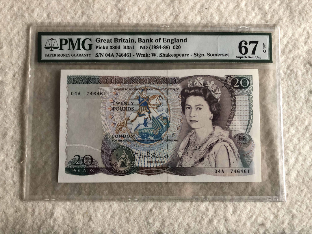 【收藏联盟】第114期拍卖（2019收官之作）——爪哇舞者 英国 D序列 1984-88年 20镑 PMG67EPQ 高分D.H.F. Somerset签名