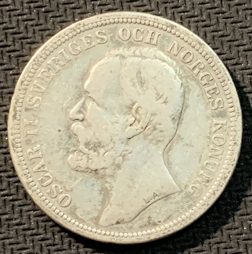 紫瑗钱币—微拍第12期  瑞典 1898年 奥斯卡二世 2克朗 银币 15克 0.8银