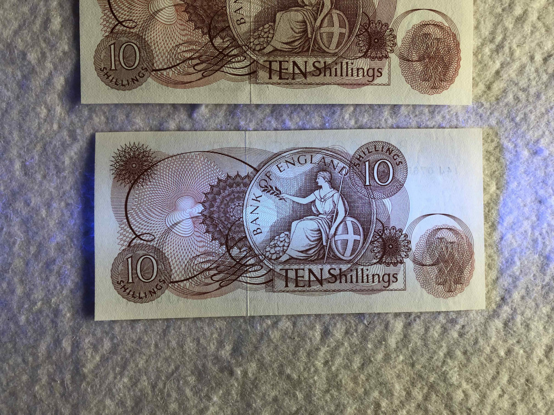 【收藏联盟】第114期拍卖（2019收官之作）——爪哇舞者 【一组6张】英国A序列10先令及1镑共4张 VF-UNC & C序列共2张 UNC 女王纸币 品相详情见图片测光图及紫光图