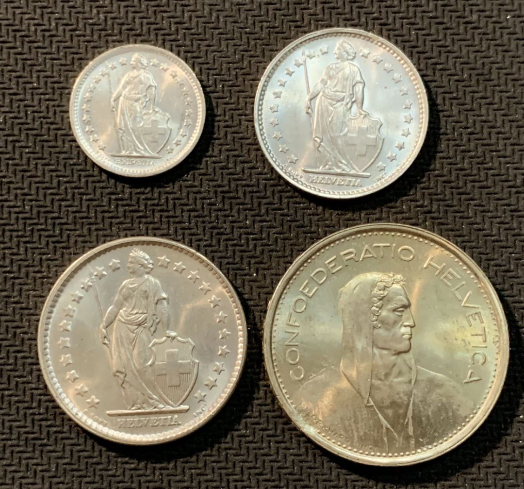 紫瑗钱币—微拍第12期  瑞士 60年代 1/2 1 2 5 法郎 银币 4枚套 共32.5克 0.835银 BU