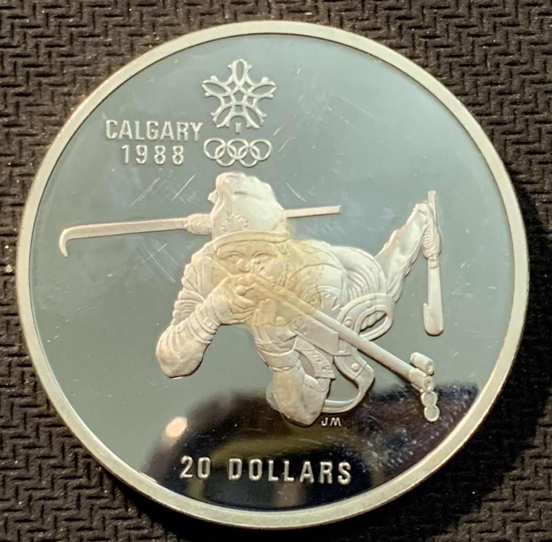紫瑗钱币—微拍第12期  加拿大 1986年 卡尔加里冬奥会 卧射 20元  34.1克 0.925银 精制
