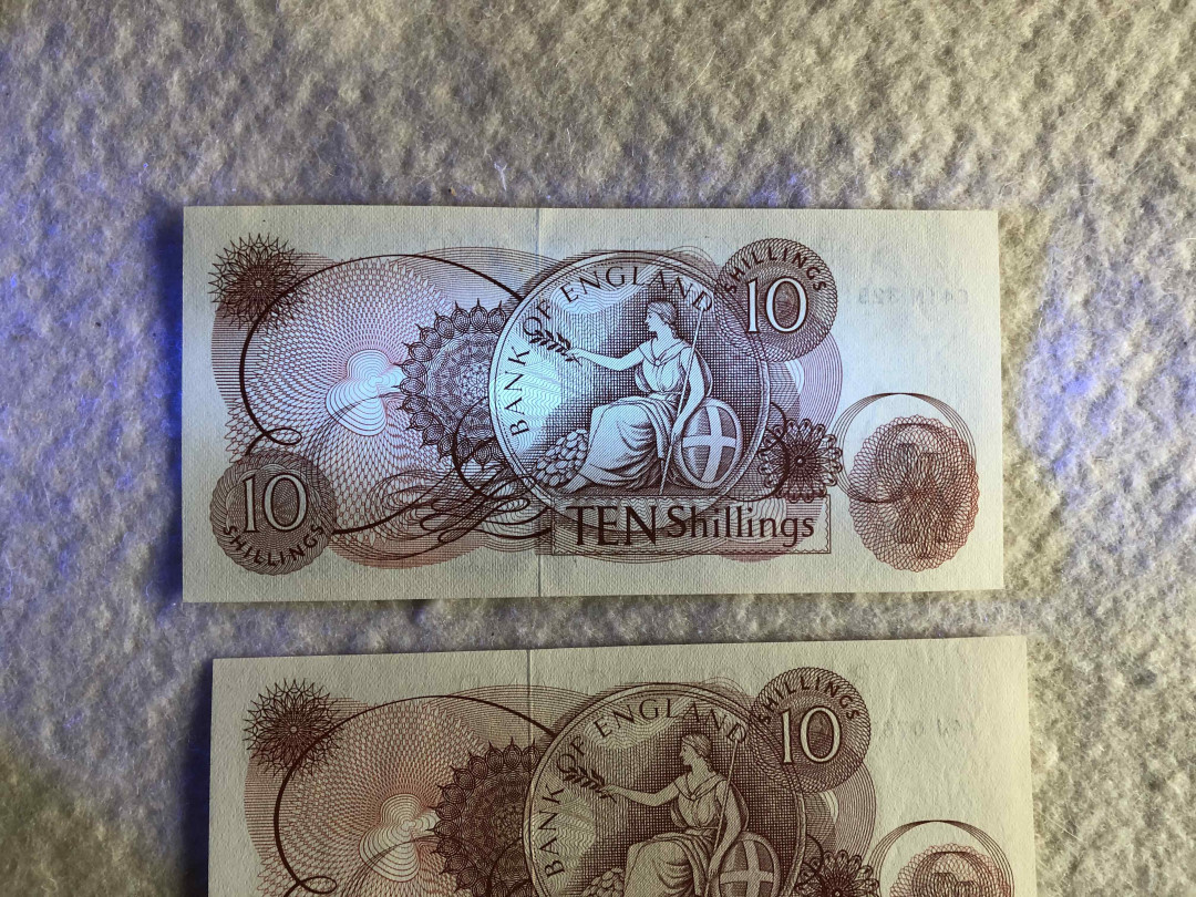 【收藏联盟】第114期拍卖（2019收官之作）——爪哇舞者 【一组6张】英国A序列10先令及1镑共4张 VF-UNC & C序列共2张 UNC 女王纸币 品相详情见图片测光图及紫光图