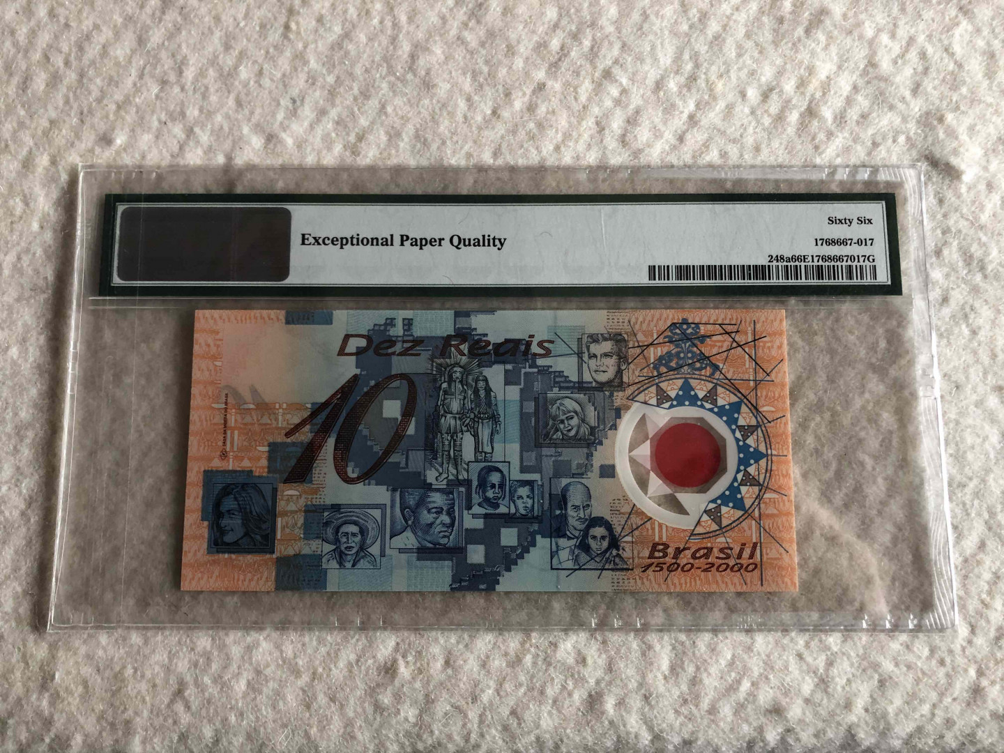 【收藏联盟】第114期拍卖（2019收官之作）——爪哇舞者 巴西 2000年 10雷亚尔 发现巴西500周年塑料纪念钞 PMG66EPQ