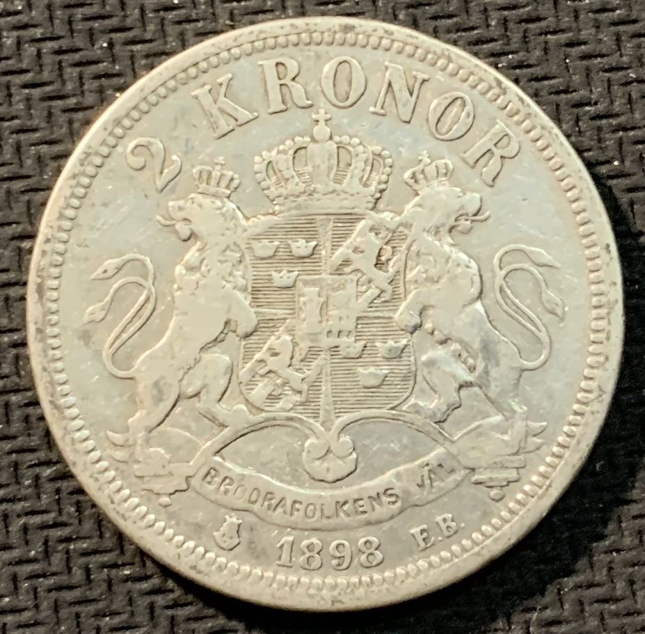 紫瑗钱币—微拍第12期  瑞典 1898年 奥斯卡二世 2克朗 银币 15克 0.8银