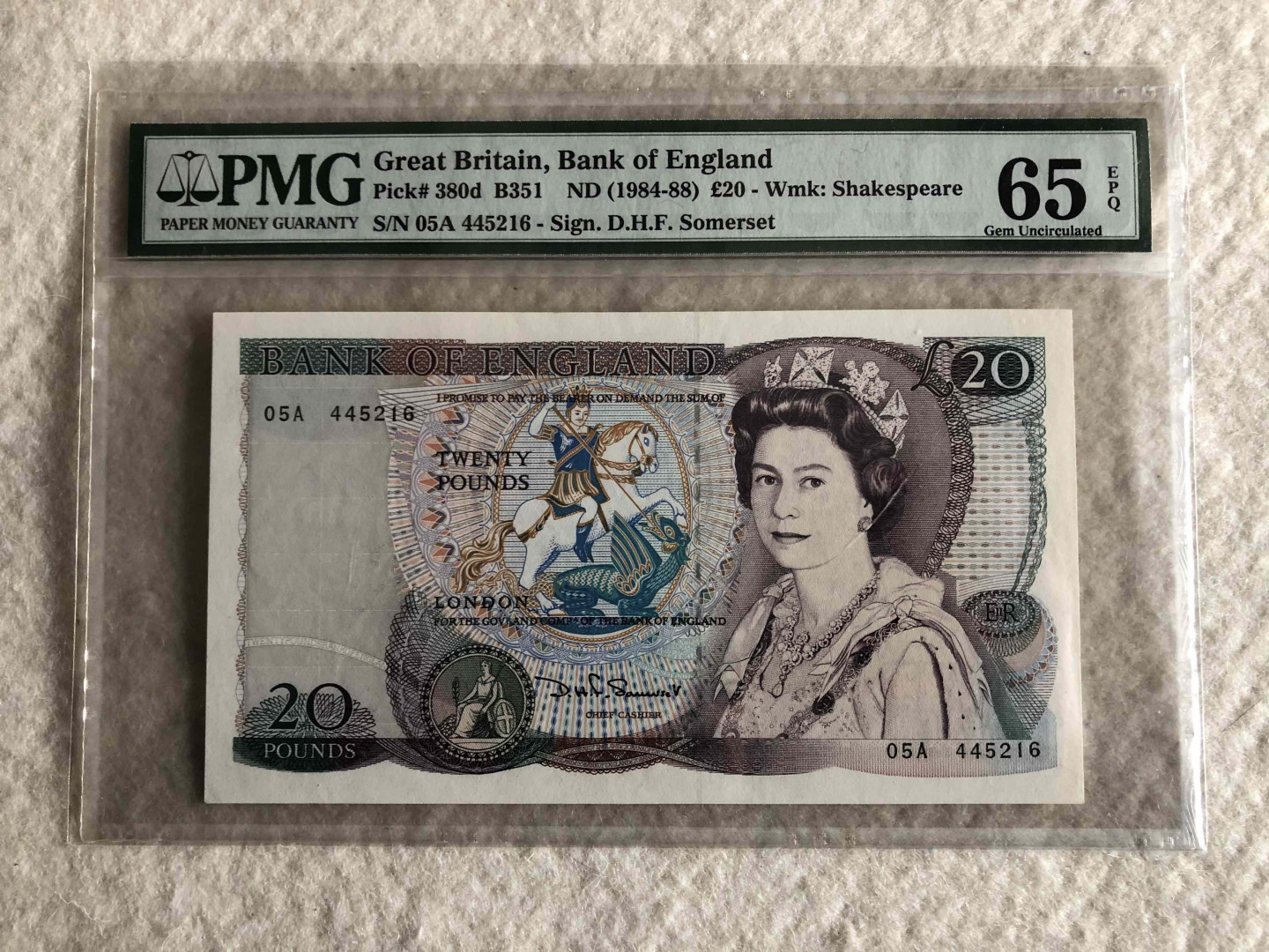 【收藏联盟】第114期拍卖（2019收官之作）——爪哇舞者 英国 D序列 1984-88年 20镑 PMG65EPQ  D.H.F. Somerset签名