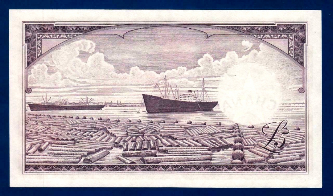 【收藏联盟】第114期拍卖（2019收官之作）——爪哇舞者 加纳 1962年 5镑 A1冠 UNC  p3 该国第一套纸币 背面港口邮轮 雕刻漂亮 