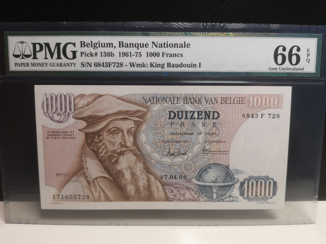 《外钞收藏家》第七十四期拍卖 比利时1966年1000法郎 pmg66 大力神