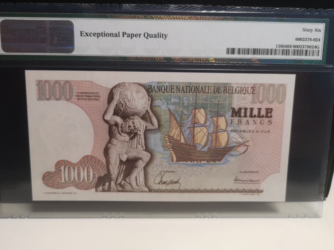 《外钞收藏家》第七十四期拍卖 比利时1966年1000法郎 pmg66 大力神