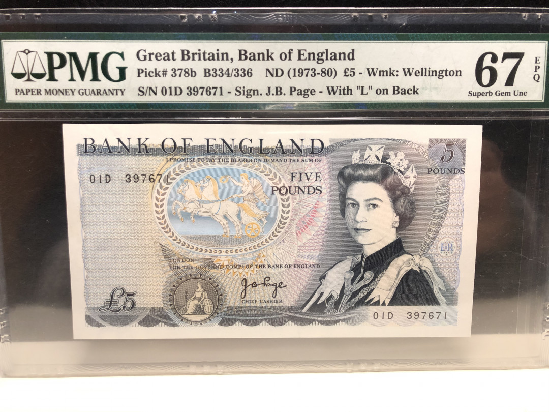 《外钞收藏家》第七十四期拍卖 英国D序列5镑 pmg67