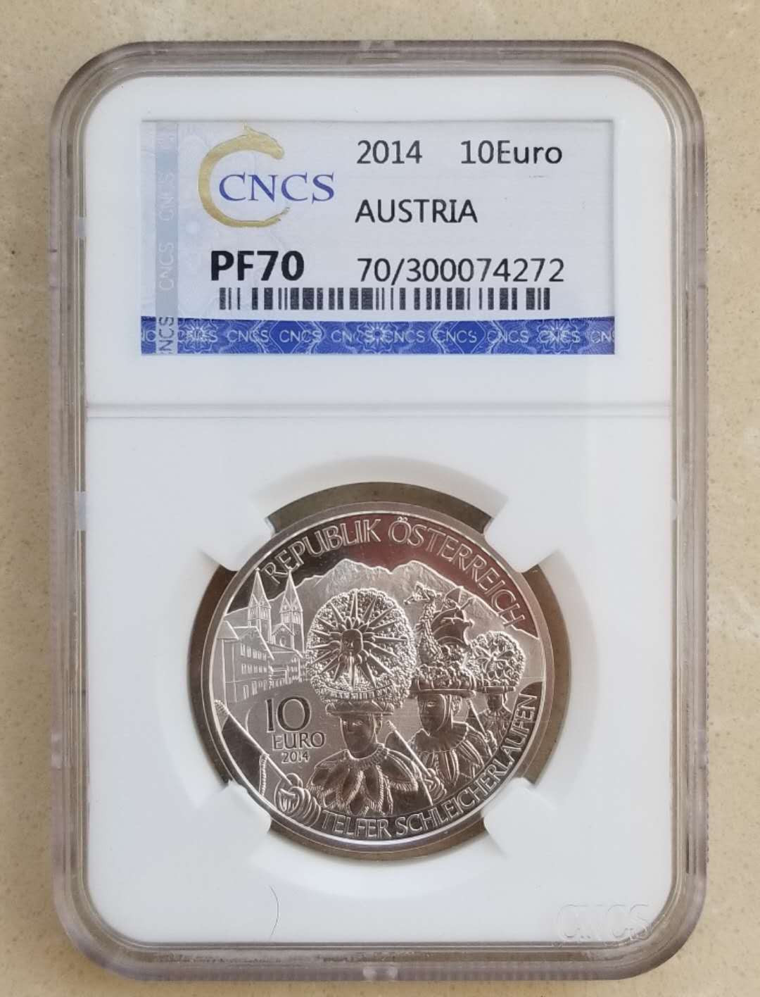 【币观天下】第九十六期钱币拍卖 奥地利2014年联邦州蒂罗尔10元精制银币，信泰评级封装。