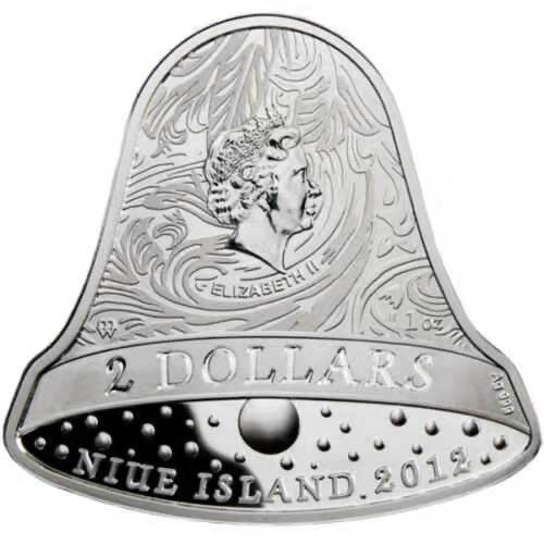【币观天下】第九十六期钱币拍卖 【纽埃】纽埃2012年2元，1盎司 “圣诞铃声”镶嵌施华洛世奇蓝宝石 异形(铃铛形)精制镶嵌银币