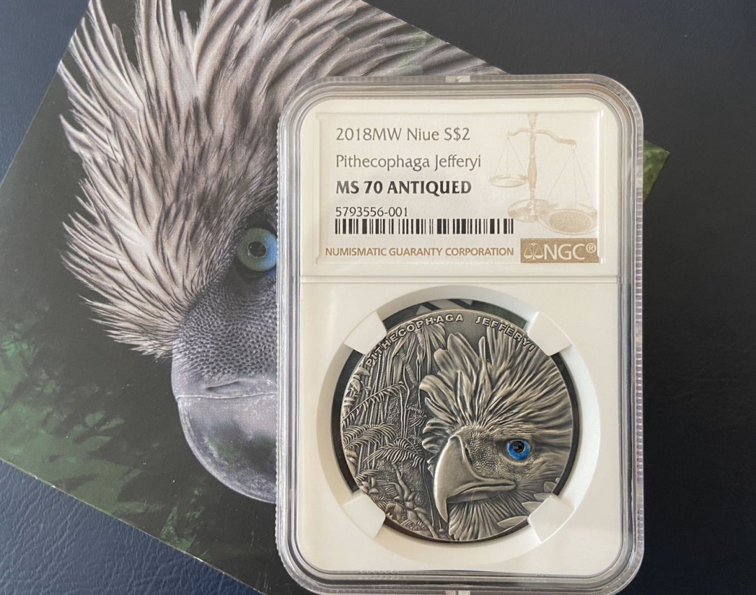 【币观天下】第九十六期钱币拍卖 【纽埃】纽埃仿古彩色银币菲律宾鹰【ngc70】