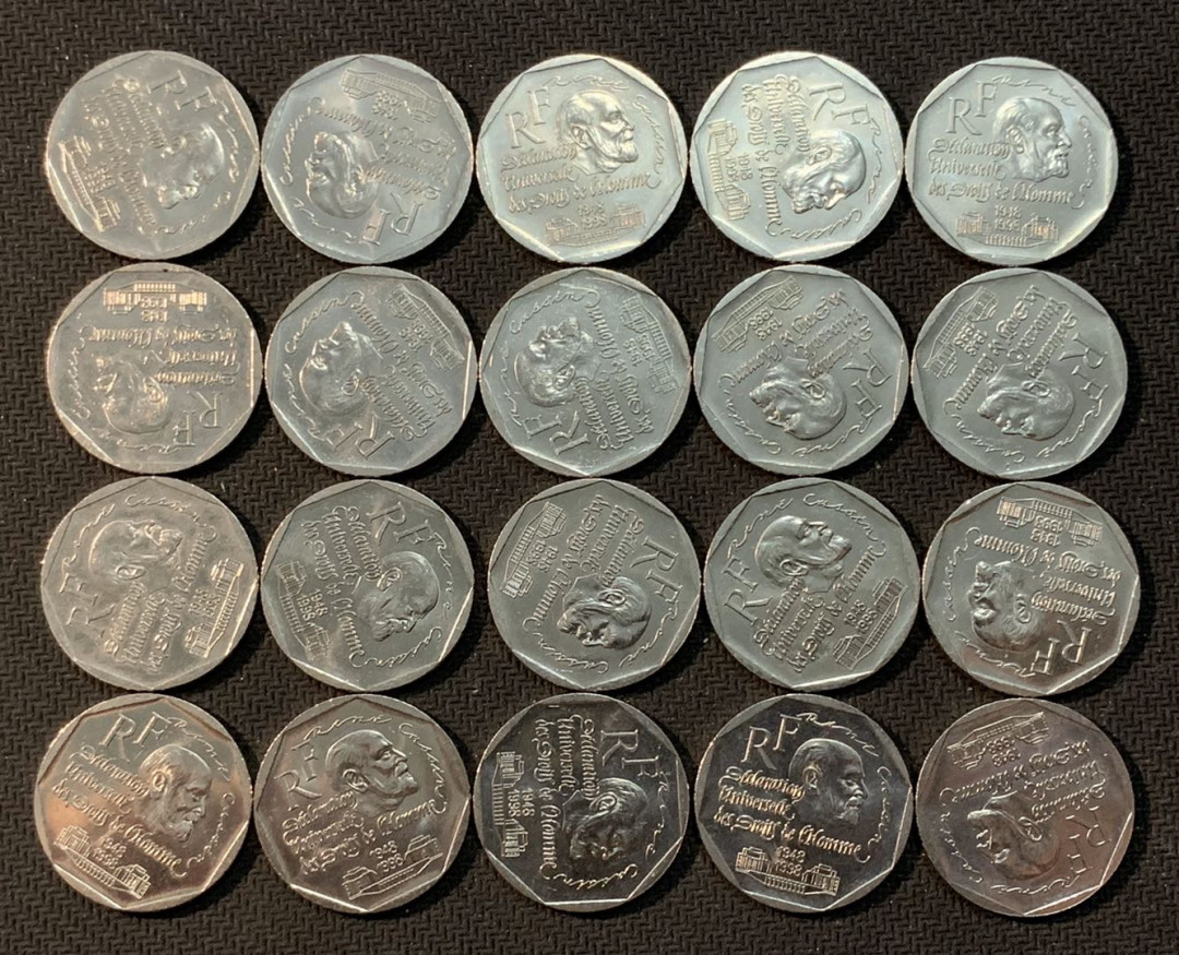 紫瑗钱币—微拍第13期 —批发场 法国 1998年 人权宣言50周年 2法郎 纪念币 20枚一组 BU