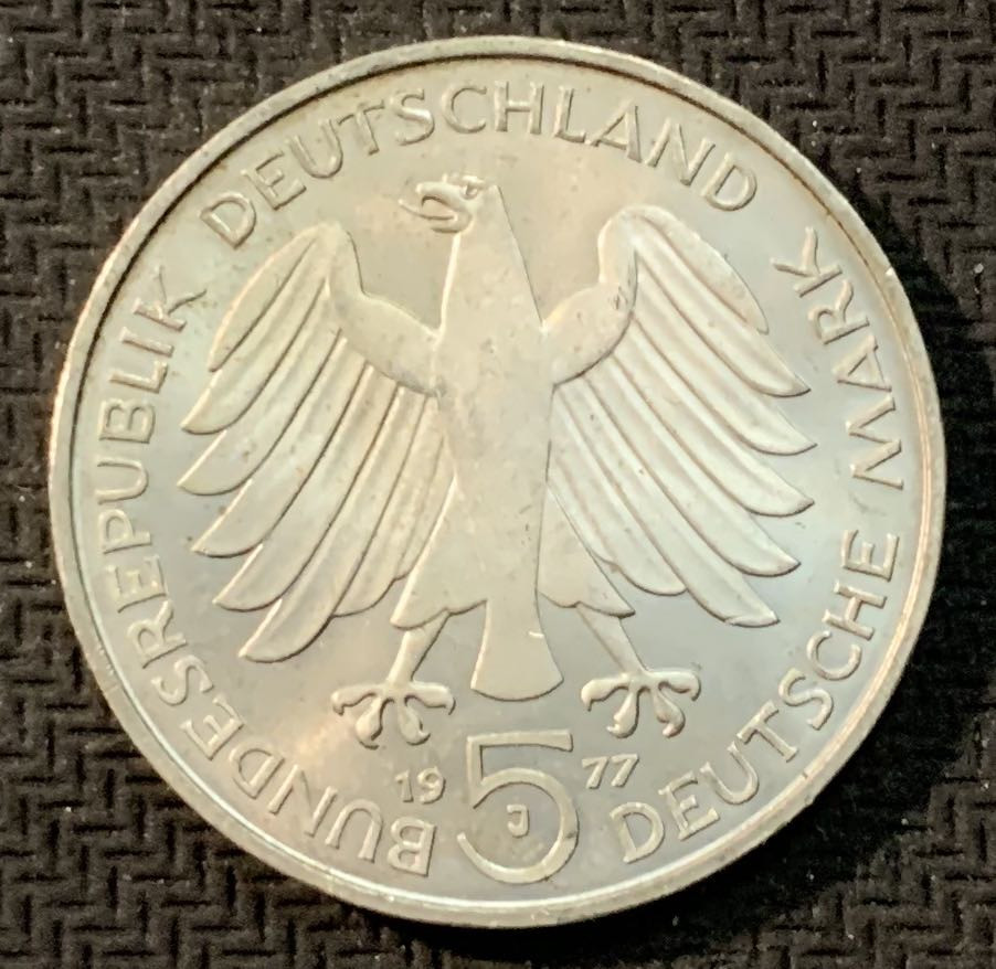 紫瑗钱币—微拍第13期 —批发场 德国 1977年 J厂 高斯200周年 5马克 11.2克 0.625银
