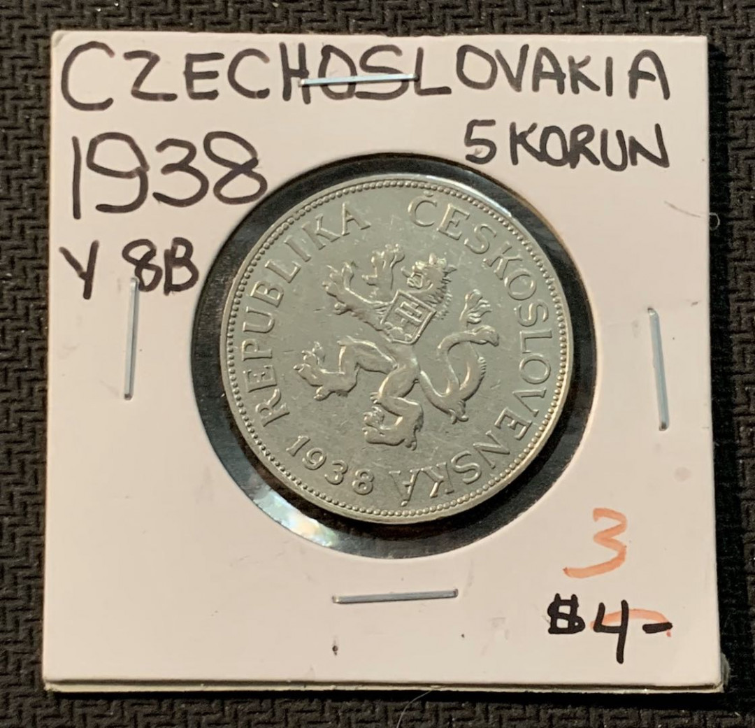 紫瑗钱币—微拍第13期 —批发场 捷克斯洛伐克 1938年 5克朗 流通币