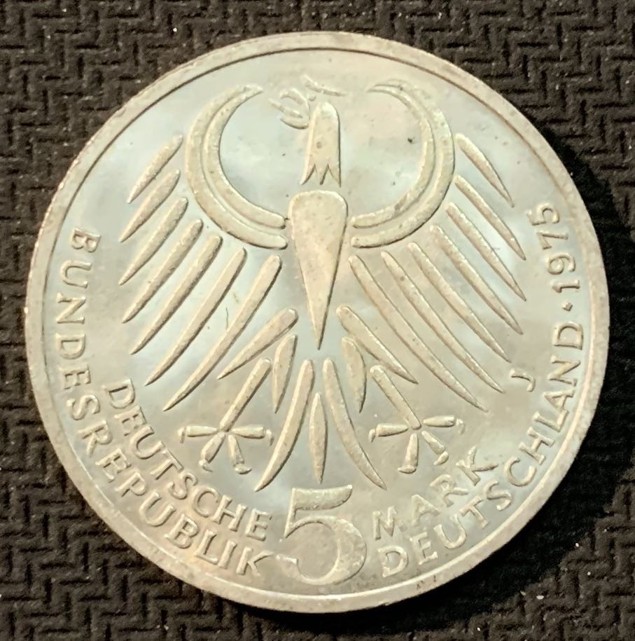 紫瑗钱币—微拍第13期 —批发场 德国 1975年 J厂 艾伯特逝50世周年 5马克 11.2克 0.625银