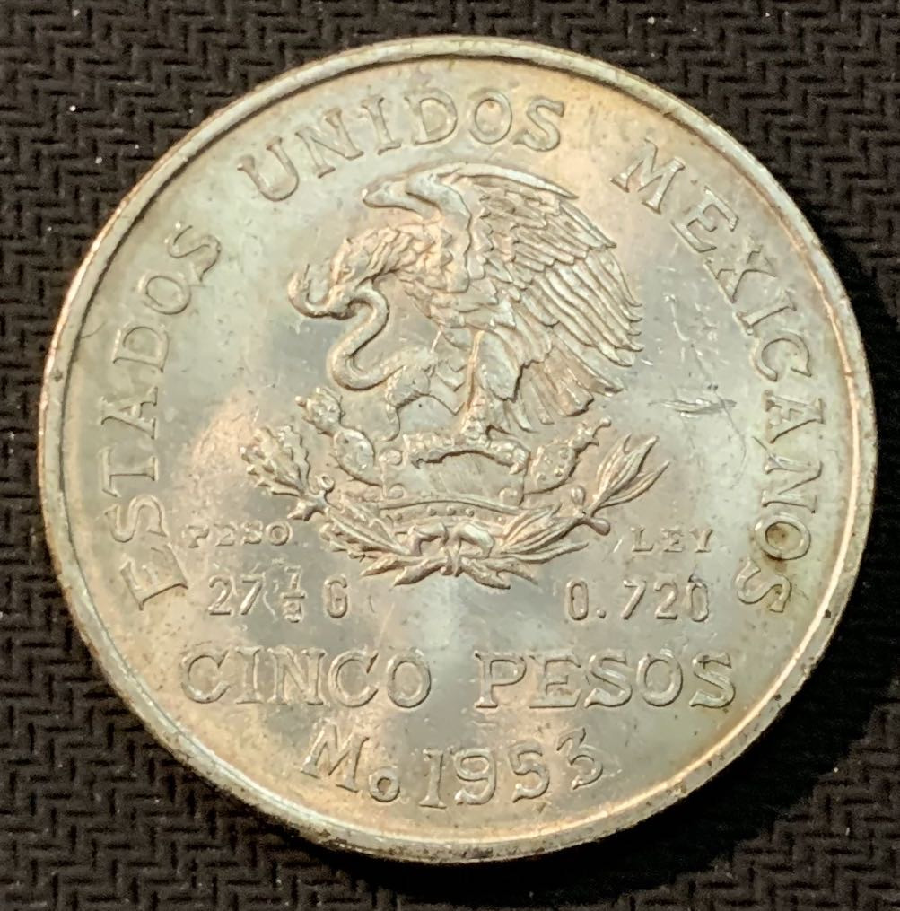 紫瑗钱币—微拍第13期 —批发场 墨西哥 1953年 伊达尔戈 200周年 5比索 27.8克 0.72银