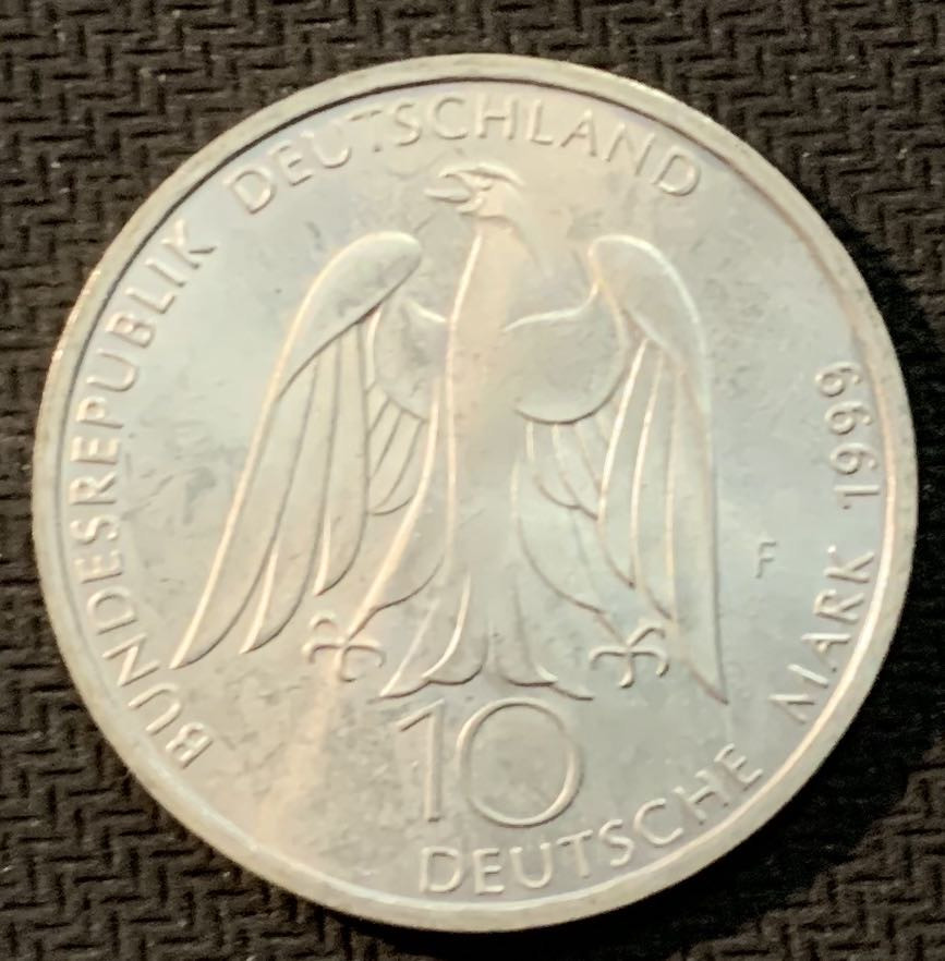 紫瑗钱币—微拍第13期 —批发场 德国 1999年 F厂 歌德诞辰250周年 10马克 15.5克 0.925银 