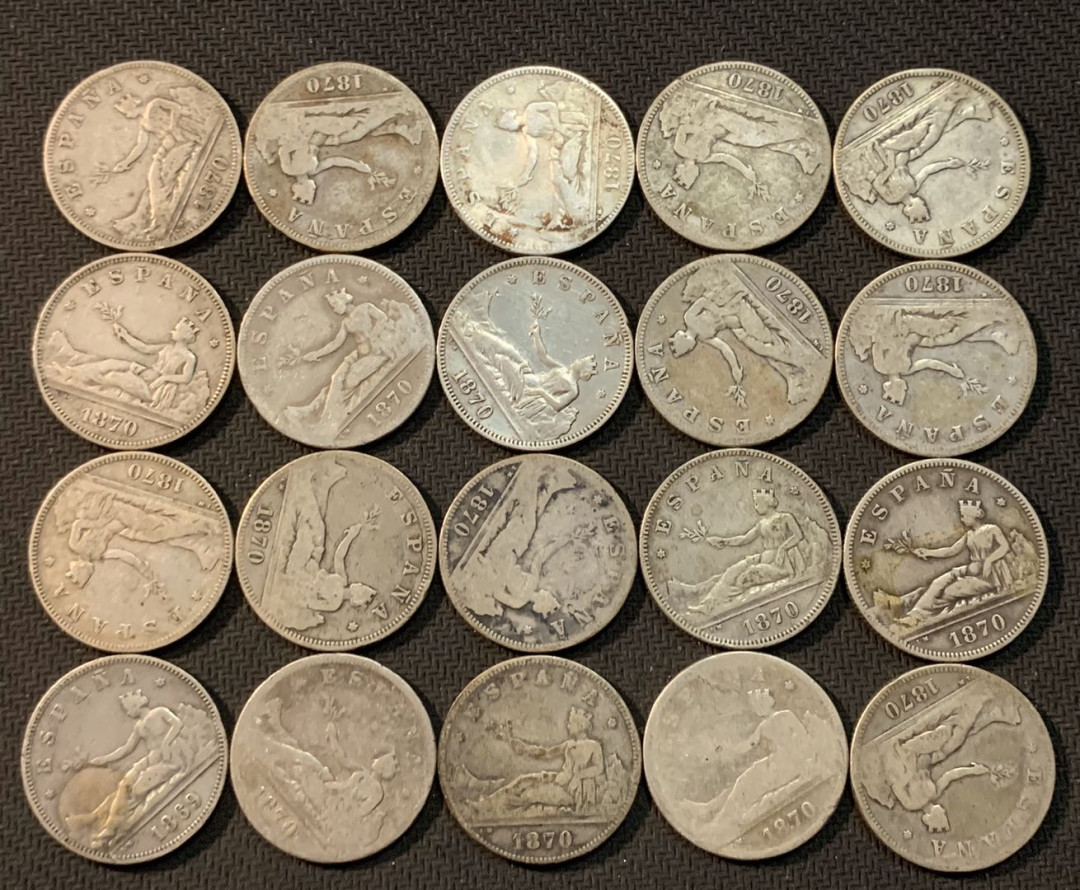 紫瑗钱币—微拍第13期 —批发场 西班牙 1869—1870年 拿花 2比塞塔 20枚一组 共200克 0.835银