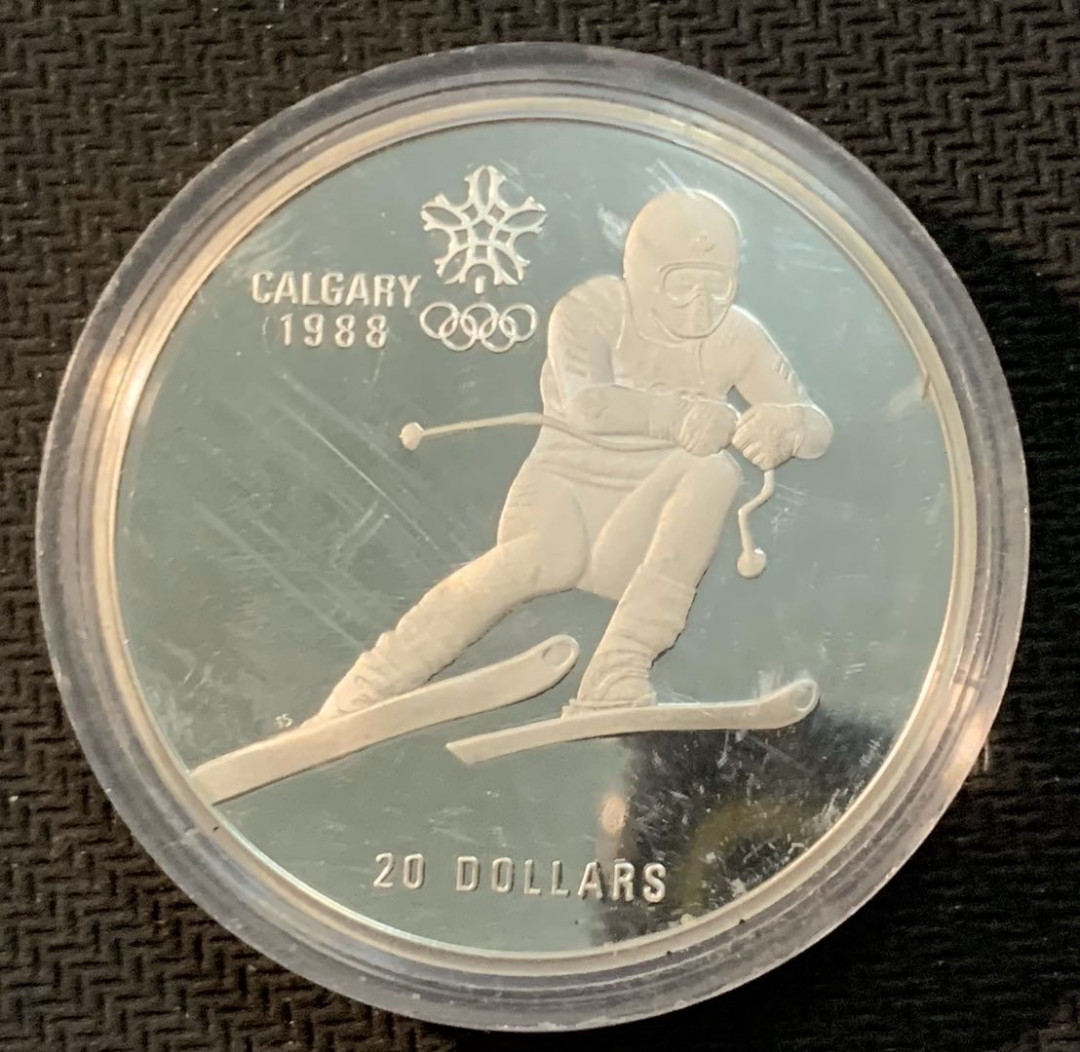 紫瑗钱币—微拍第13期 —批发场 加拿大 1985年 卡尔加里冬奥运 越野滑雪 20元 银币 34.1克 0925银 精制