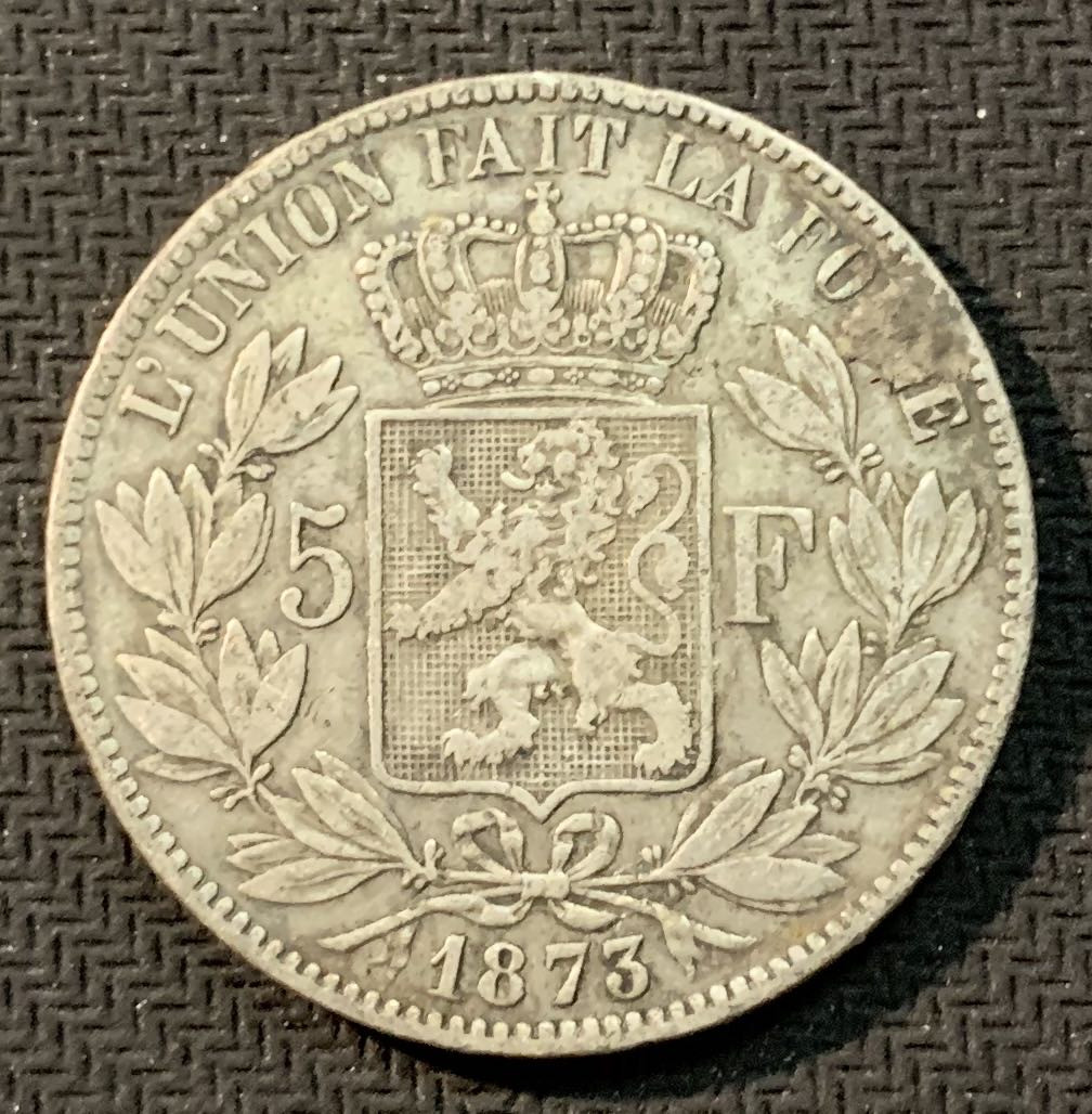 紫瑗钱币—微拍第13期 —批发场 比利时 1873年 利奥波德 5法郎 银币