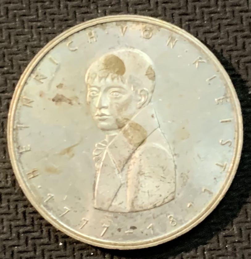 紫瑗钱币—微拍第13期 —批发场 德国 1977年  G厂 克莱斯特200周 5马克 11.2克 0.625银