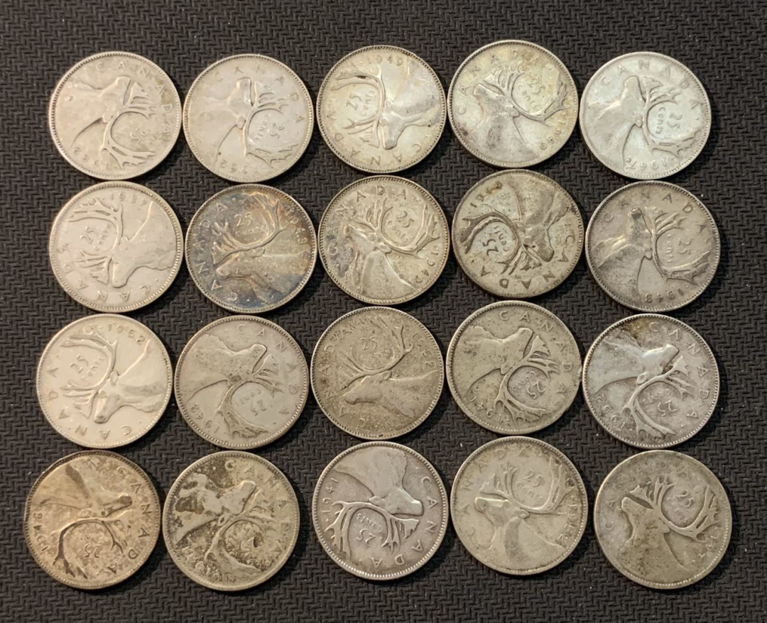 紫瑗钱币—微拍第13期 —批发场 加拿大 乔治六世 25分 20枚一组 共117克 0.8银