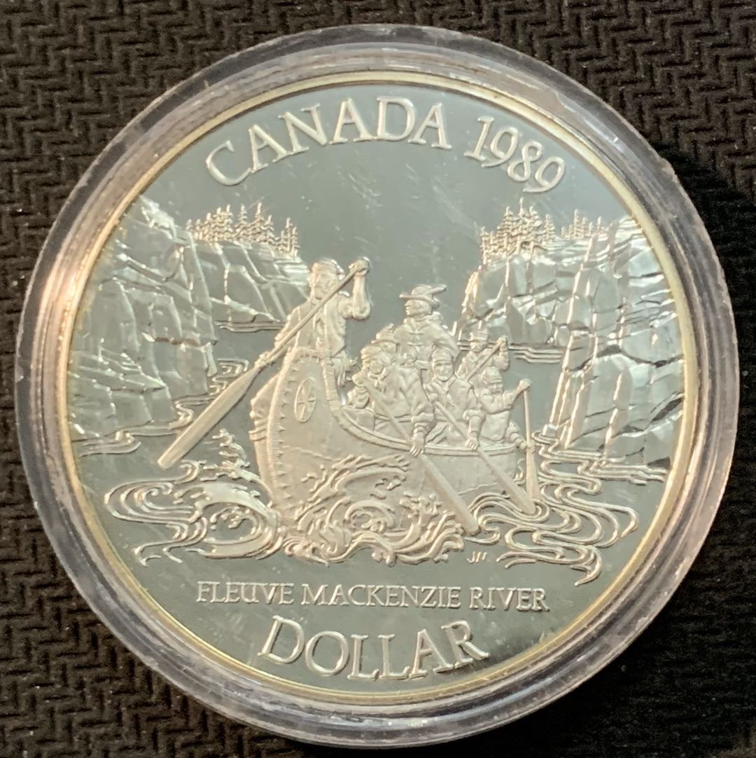 紫瑗钱币—微拍第13期 —批发场 加拿大 1989年 探索马更些河 200周年 1元 23.3克 0.5银 精制