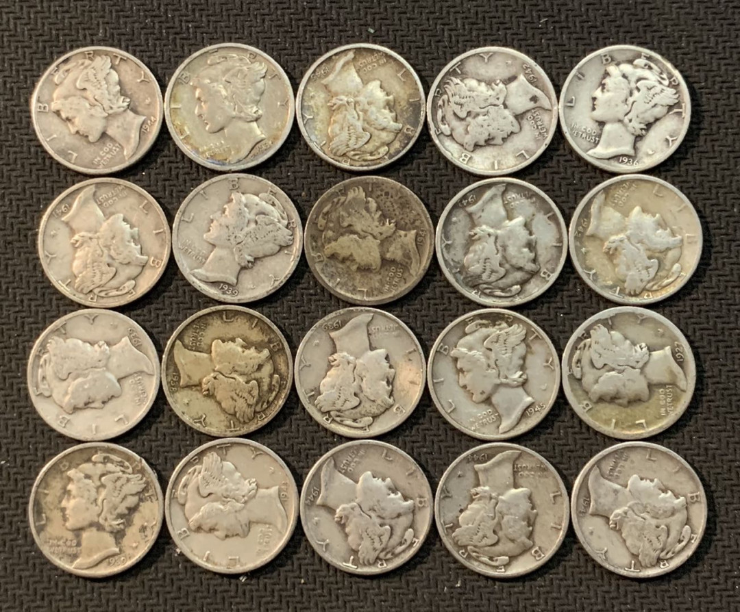 紫瑗钱币—微拍第13期 —批发场 美国 1916—1945年 小飞侠 10美分 一组20枚 共50克  0.9银