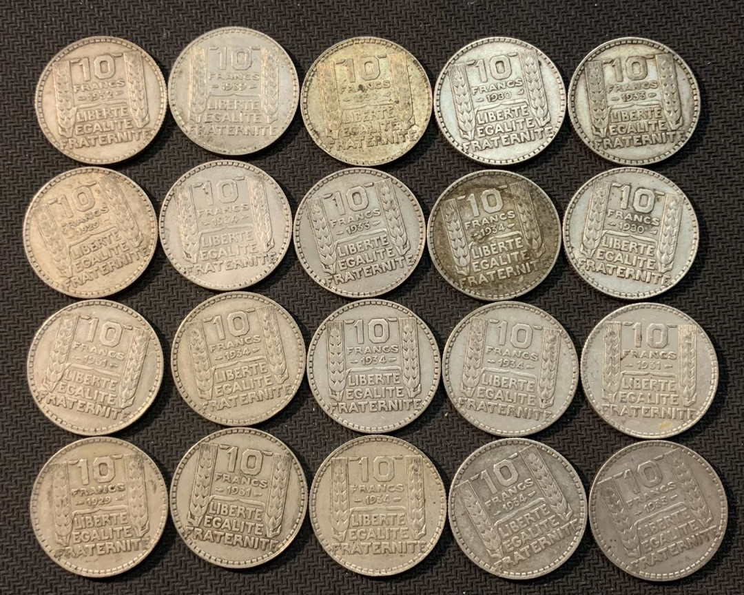 紫瑗钱币—微拍第13期 —批发场 法国 1929—1939年 自由女神 10法郎 20枚一组 共200克 0.68银 
