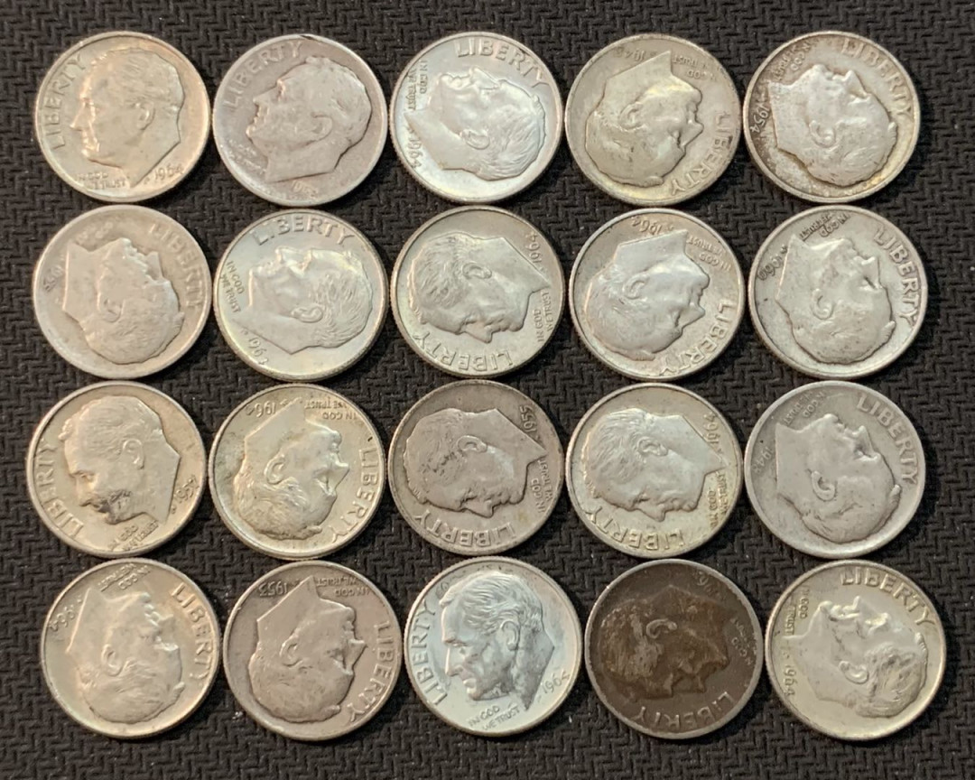 紫瑗钱币—微拍第13期 —批发场 美国 1946—1964年 罗斯福 10美分 银币 20枚一组 共50克 0.9银