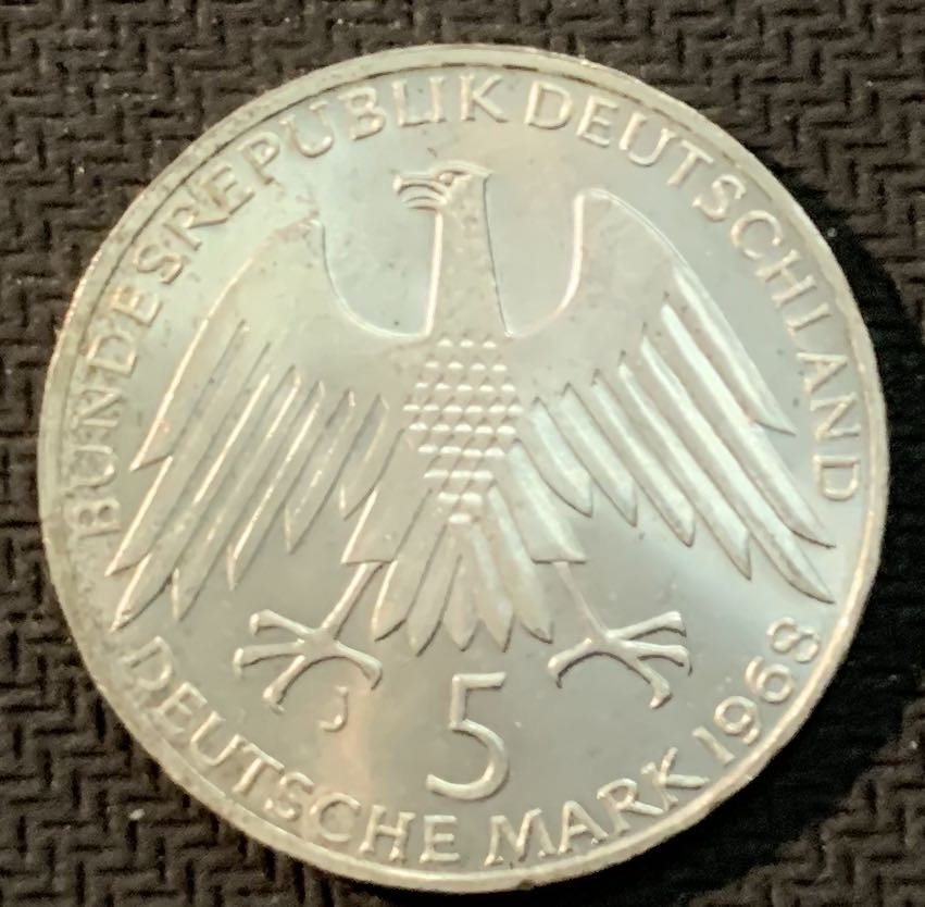紫瑗钱币—微拍第13期 —批发场 德国 1968年 J厂 威廉 莱佛森150周年 5马克 11.2克 0.625银