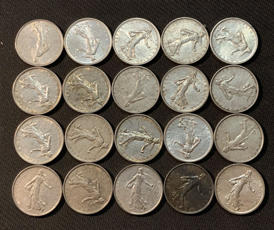 紫瑗钱币—微拍第13期 —批发场 法国 1960—1969年 播种 5法郎 20枚一组 共240克 0.835银